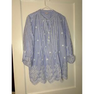 American Sweetheart Blue White Stripe Embroidered Eyelet Tunic Shirt Top M‎